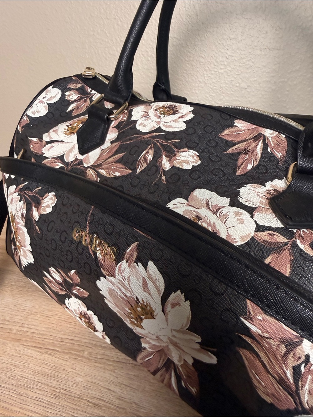 Guess Black Travel Duffel with Blush Floral Print